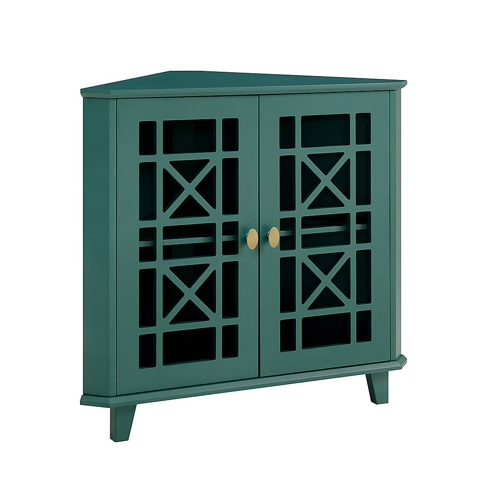 Left View: Walker Edison - 32” Classic Fretwork Corner Storage Cabinet - Dark Teal