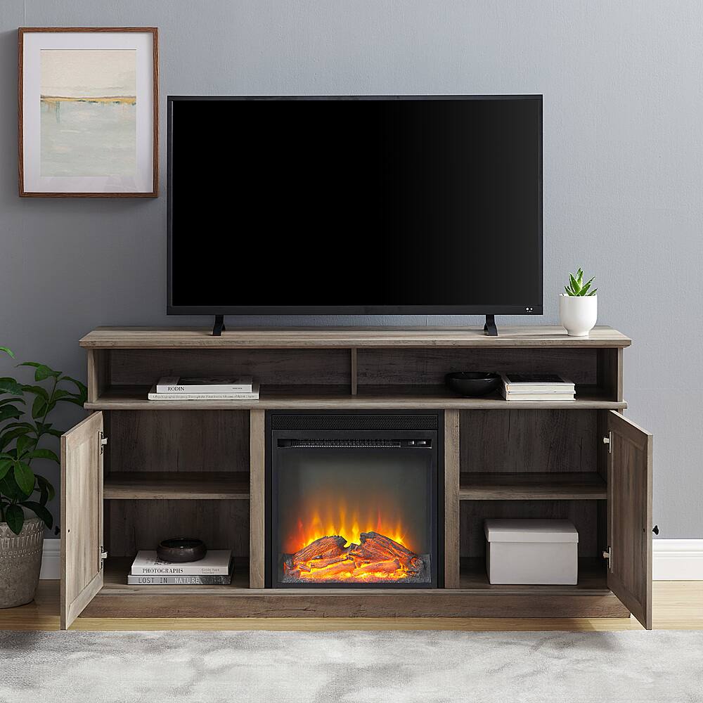 Alt View 12. Walker Edison - Farmhouse Tall Barndoor Soundbar Storage Fireplace TV Stand for Most TVs up to 65" - Grey Wash.