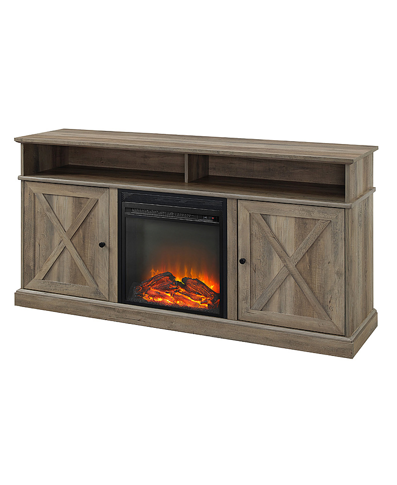 Left View: Walker Edison - Farmhouse Tall Barndoor Soundbar Storage Fireplace TV Stand for Most TVs up to 65" - Grey Wash