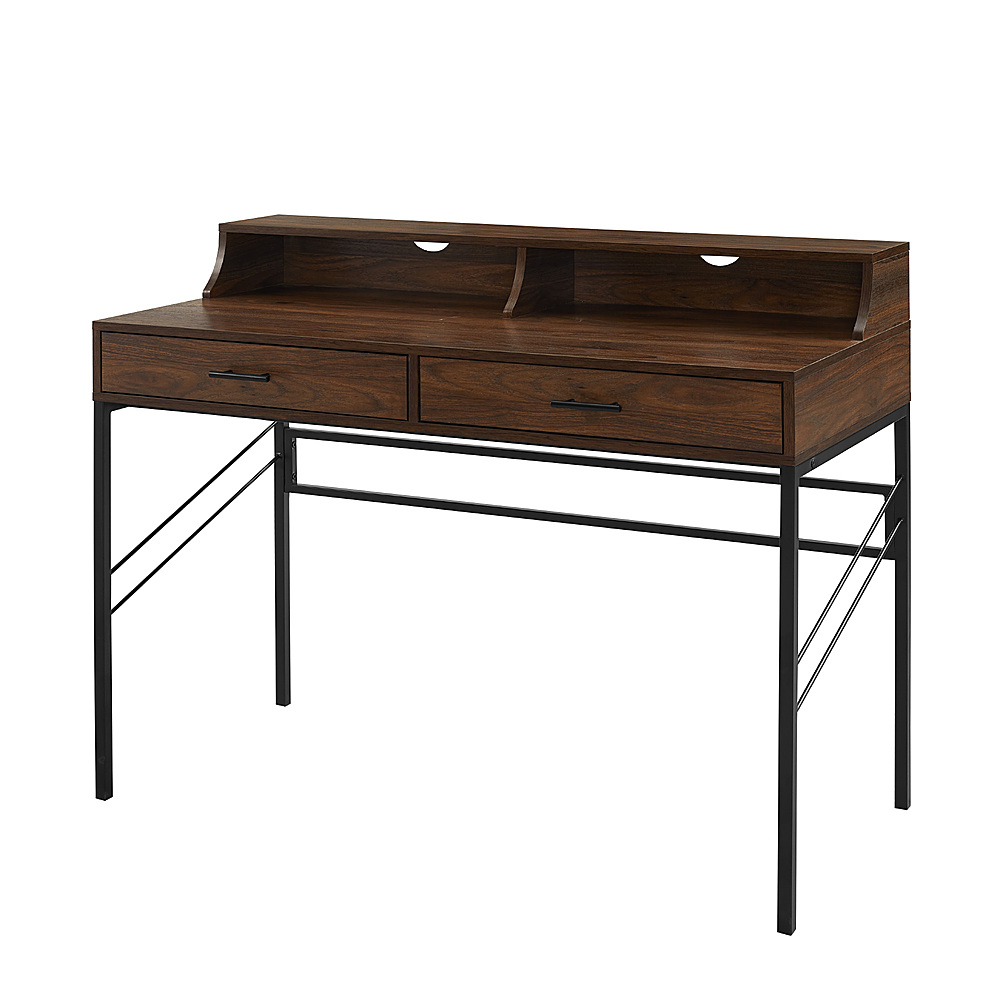 Left View: Walker Edison - 44” Modern Writing Desk with Hutch - Dark Walnut