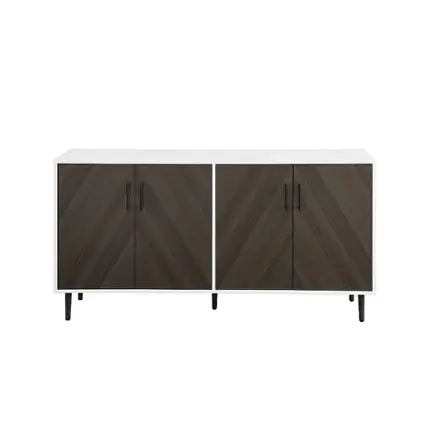 Front. Walker Edison - 58” Mid Century Modern Faux Bookmatch Buffet - Ash Brown Bookmatch / Solid White.