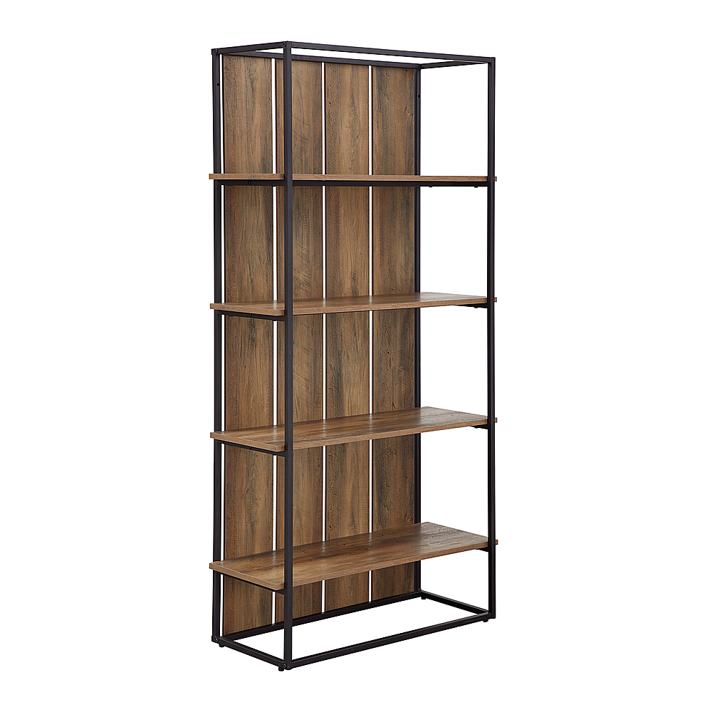 Angle View: Walker Edison - Shiplap Wood and Metal 4-Shelf Bookcase - Brown Black