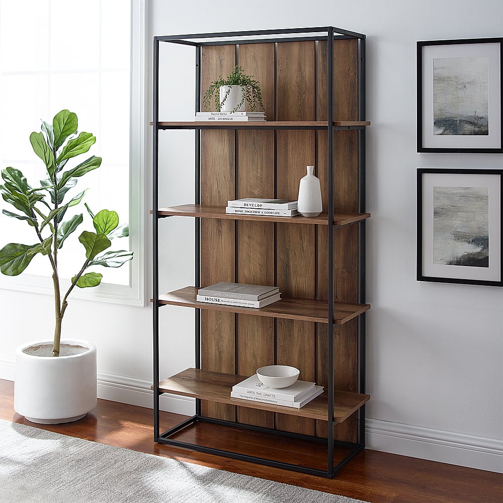 Best Buy: Walker Edison Shiplap Wood and Metal 4-Shelf Bookcase Brown ...