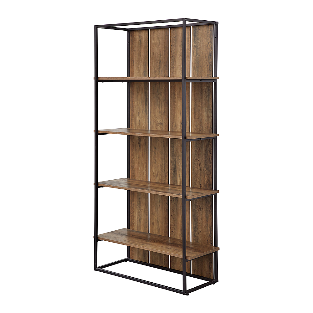 Left View: Walker Edison - Shiplap Wood and Metal 4-Shelf Bookcase - Brown Black