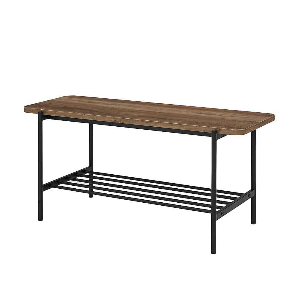 Left View: Walker Edison - 40” Industrial Wood and Metal Mesh Bench - Reclaimed Barnwood