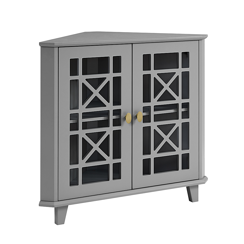 Left View: Walker Edison - 32” Classic Fretwork Corner Storage Cabinet - Grey