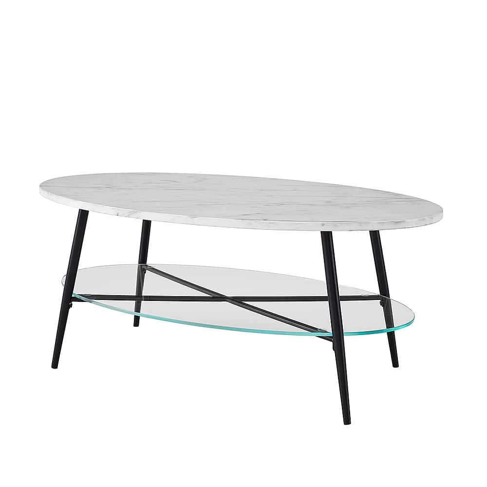 Angle View: Walker Edison - 42” Modern Oval Faux Marble and Glass Coffee Table - Faux White Marble/Black