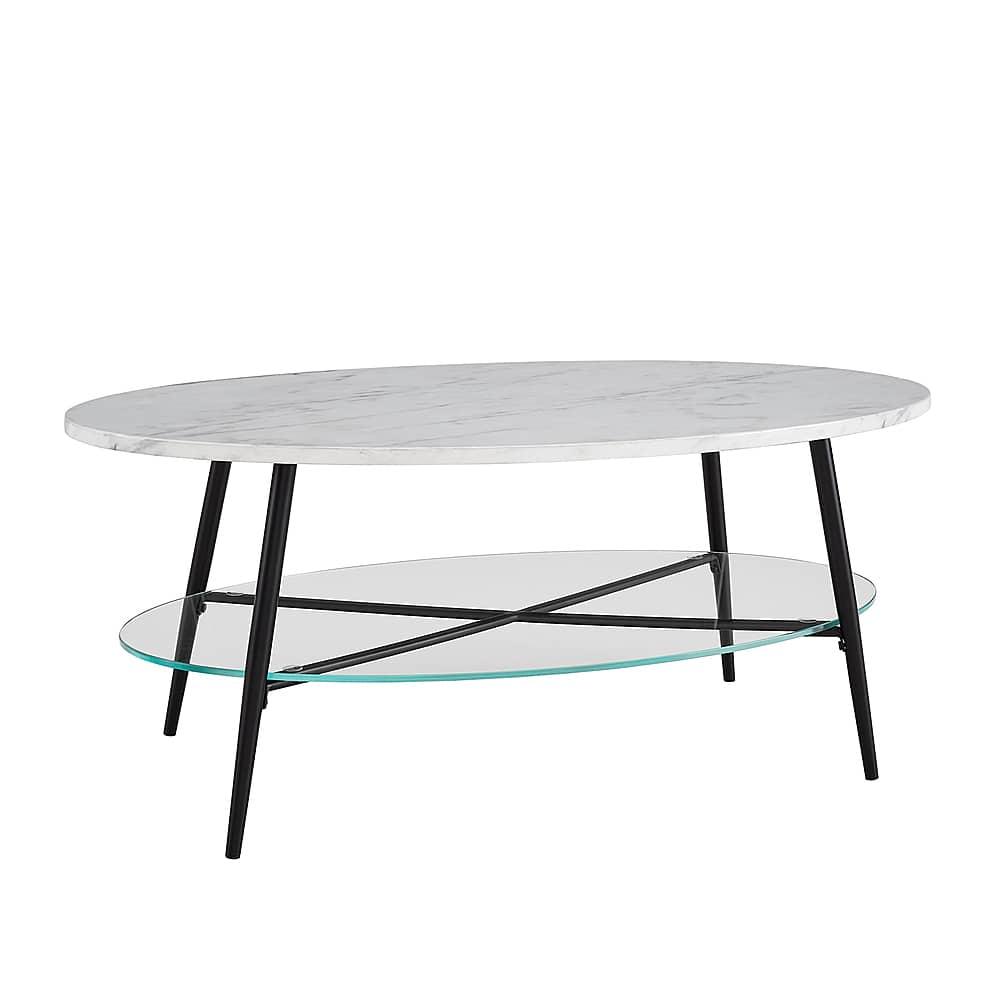 Left View: Walker Edison - 42” Modern Oval Faux Marble and Glass Coffee Table - Faux White Marble/Black