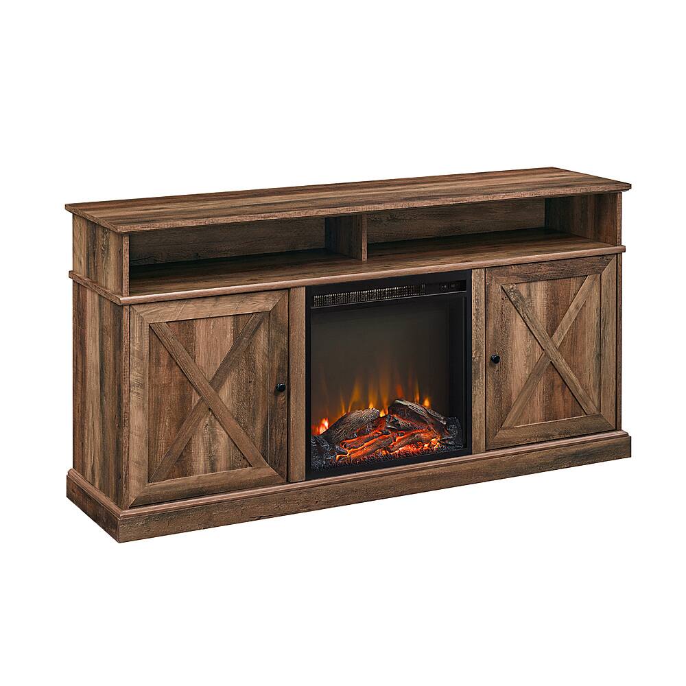 Angle View: Walker Edison - Farmhouse Tall Barndoor Soundbar Storage Fireplace TV Stand for Most TVs up to 65" - Rustic Oak