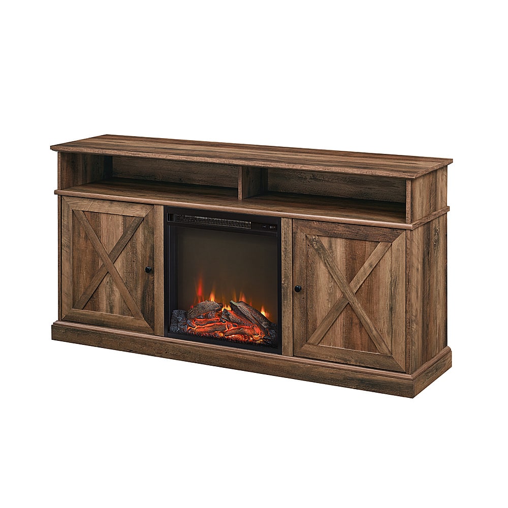 Left View: Walker Edison - Farmhouse Tall Barndoor Soundbar Storage Fireplace TV Stand for Most TVs up to 65" - Rustic Oak
