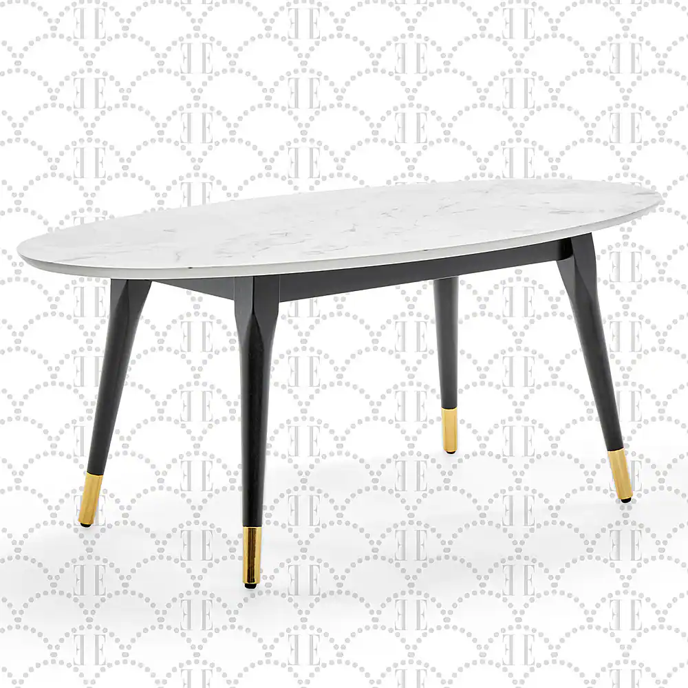 Angle. Elle Decor - Clemintine Mid-Century Oval Coffee Table with Brass Accents - White Marble Print.