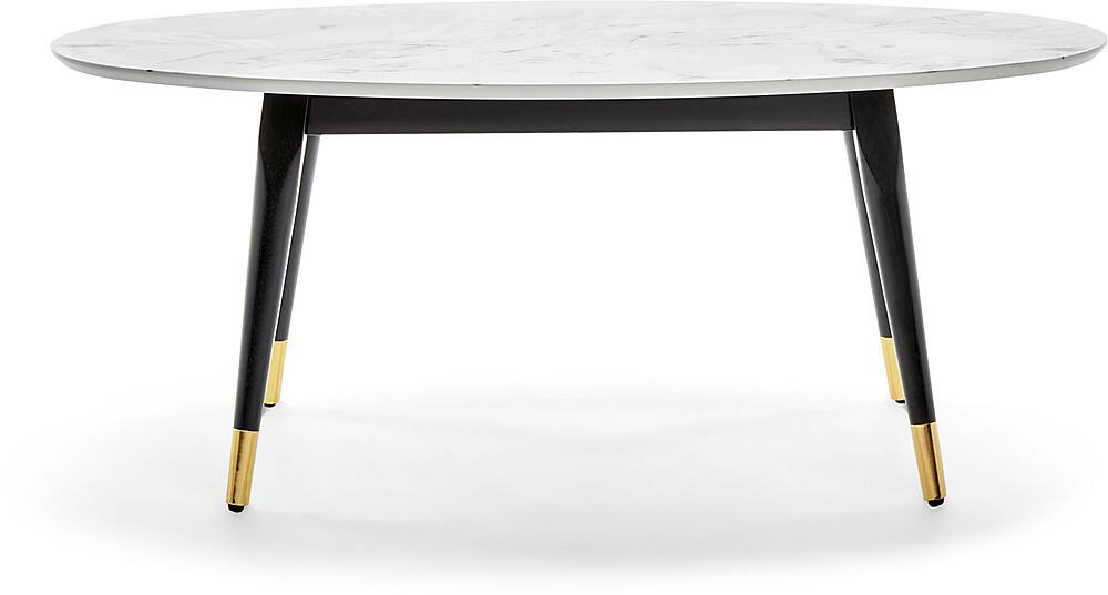Front. Elle Decor - Clemintine Mid-Century Oval Coffee Table with Brass Accents - White Marble Print.