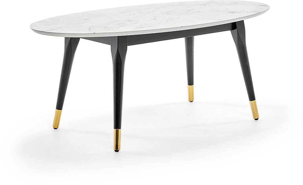 Left. Elle Decor - Clemintine Mid-Century Oval Coffee Table with Brass Accents - White Marble Print.