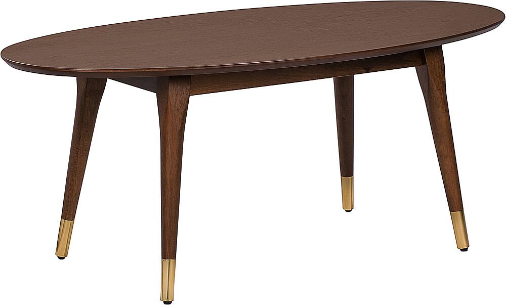 Left View: Elle Decor - Clemintine Mid-Century Oval Coffee Table with Brass Accents - French Walnut