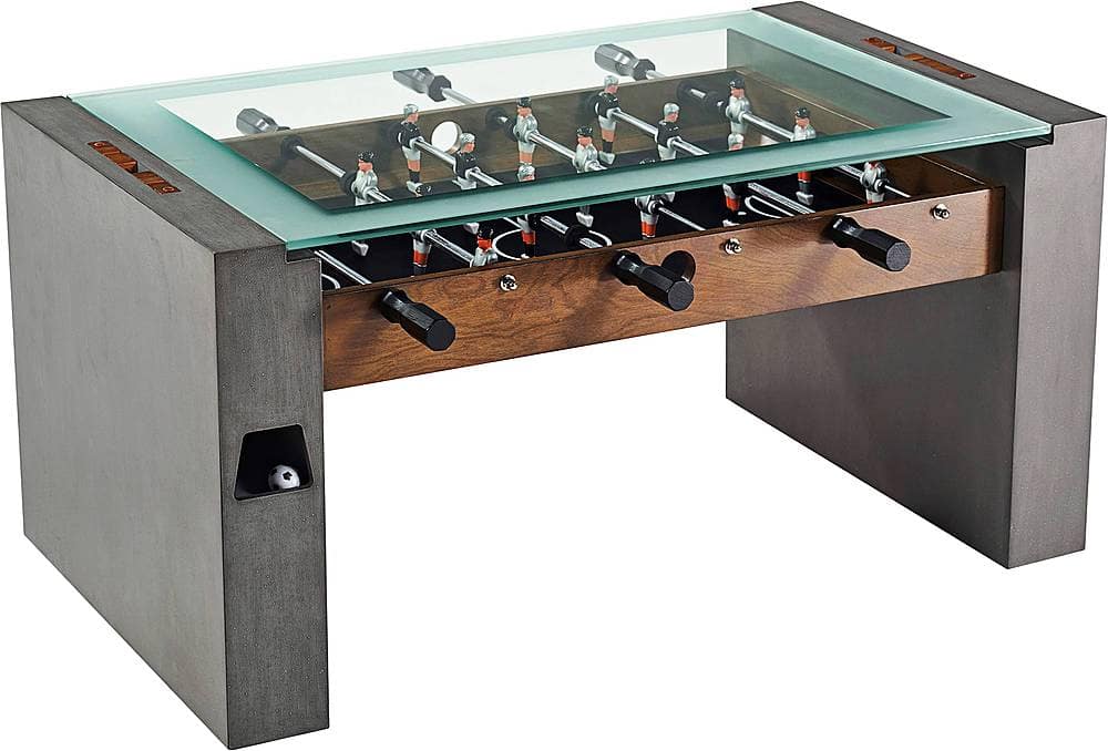 Angle. Barrington - 40” Urban Foosball Coffee Table, Durable & Stylish Design with Sports Soccer Balls, Perfect for Family Game Rooms - Gray.