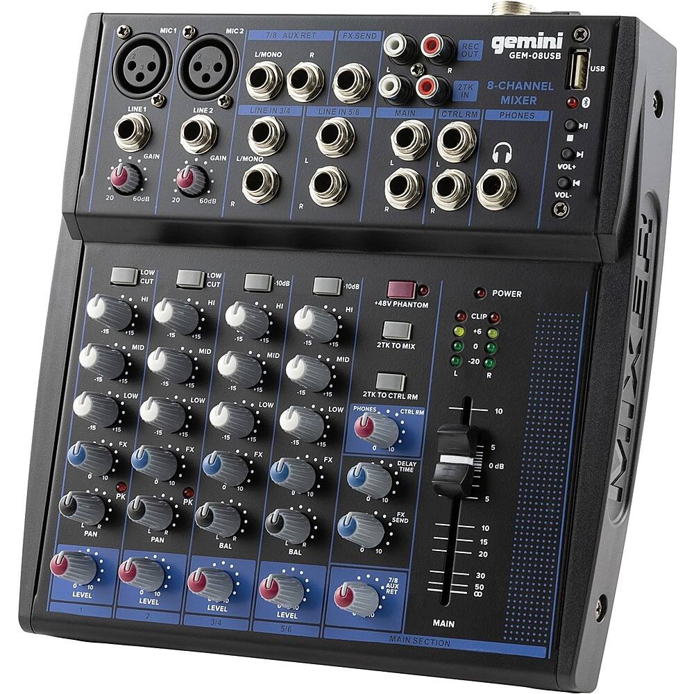 Front. Gemini - GEM-08USB: COMPACT 8 Channel Bluetooth Mixer - Black, Blue.