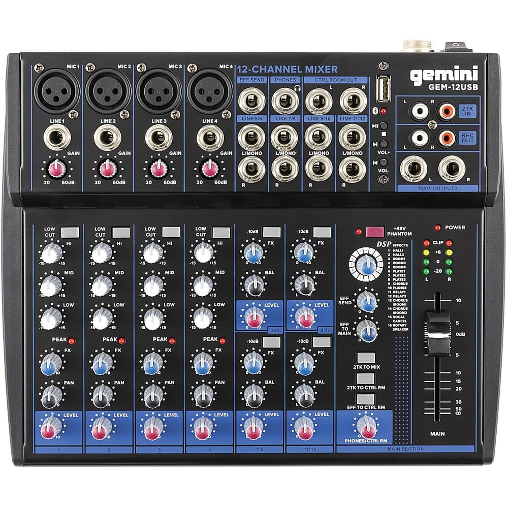 Front. Gemini - GEM-12USB: Compact 12 Channel Bluetooth Mixer - Black.