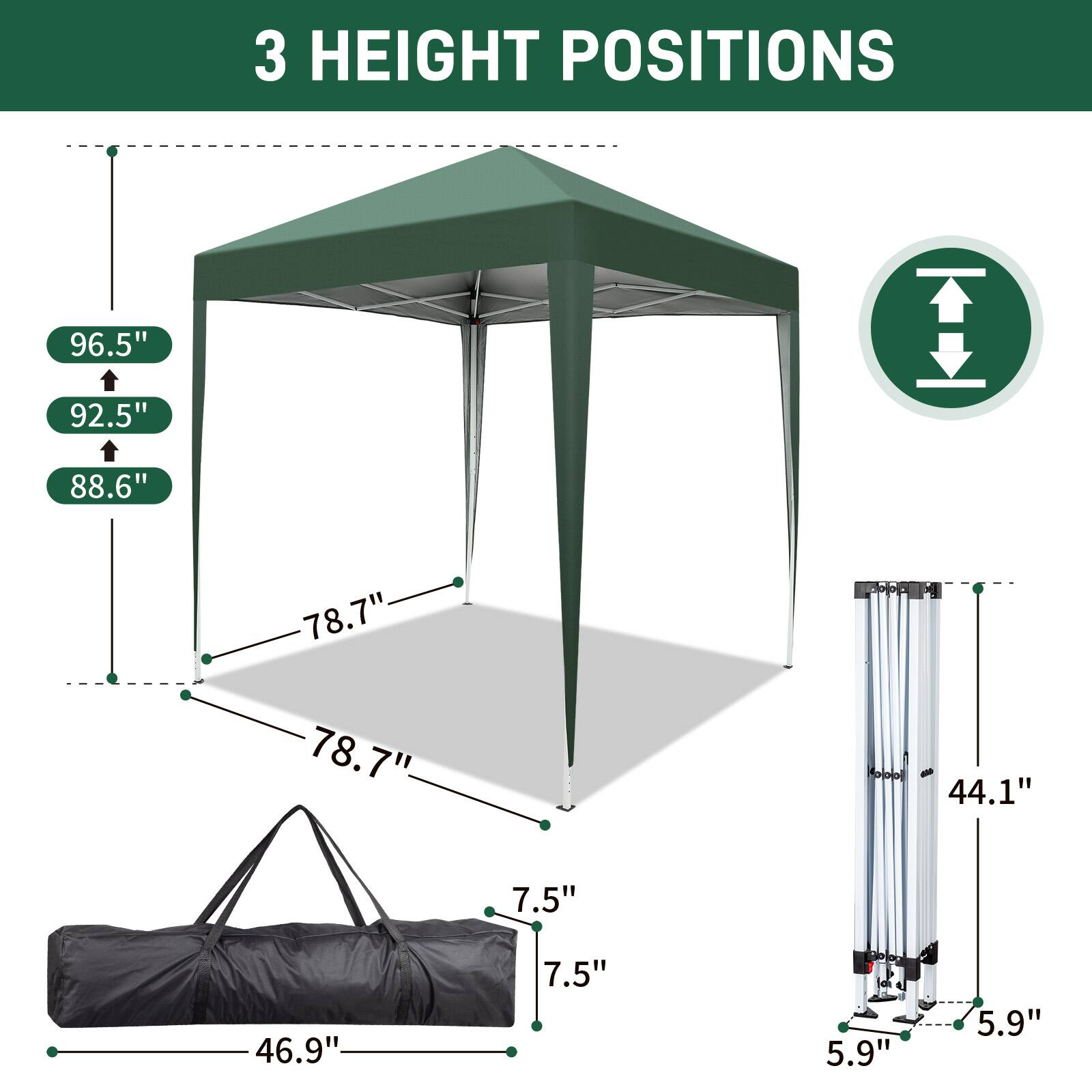 3 HEIGHT POSITIONS

96.5"  
92.5"  
88.6"  
78.7"  
78.7"  
44.1"  
7.5"  
46.9"  
7.5"  
5.9"  
5.9"