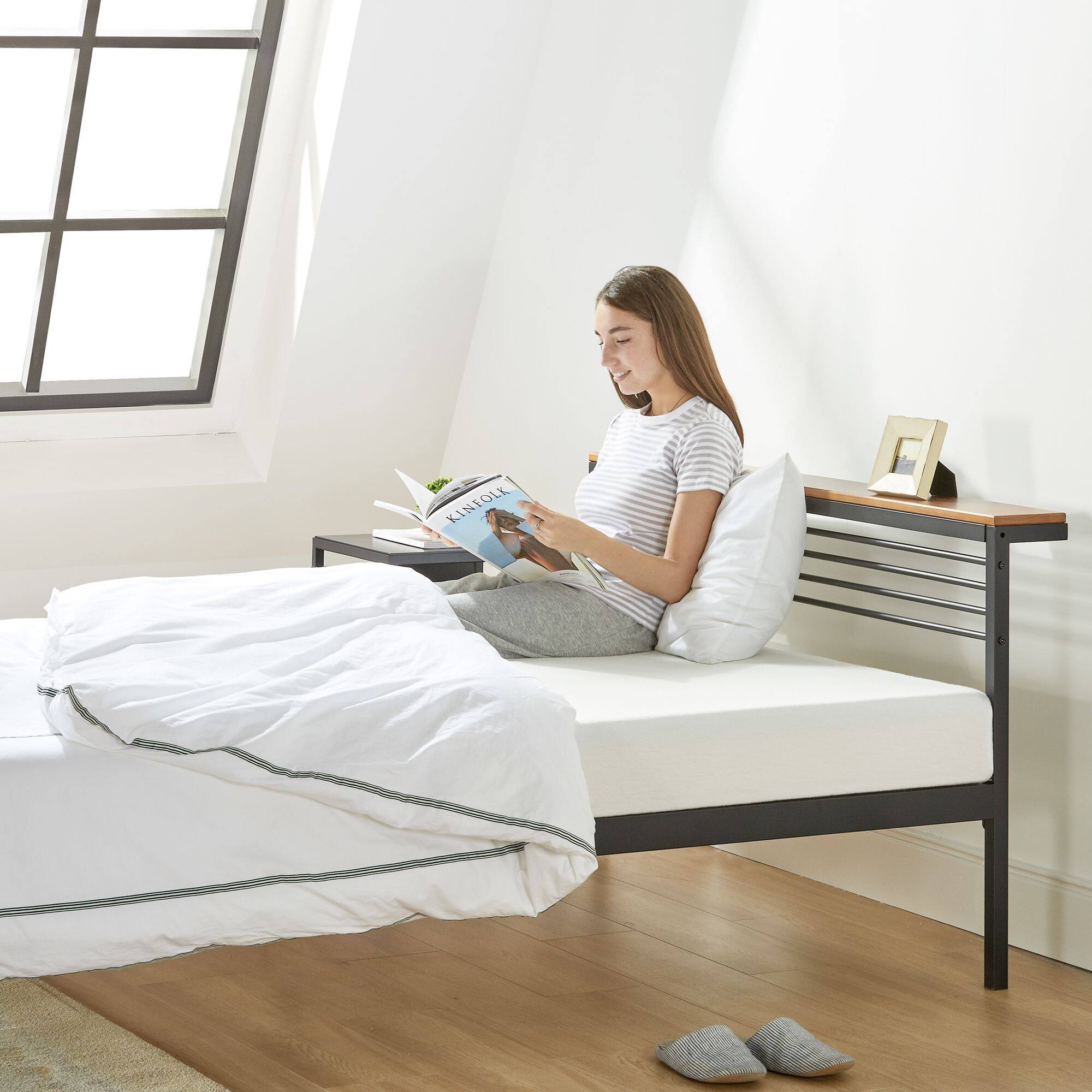 Alt View 5. Mellow - Mellow HYLLE Metal & Wood Platform Bed Frame with Low Headboard Shelf, Full - Pine.