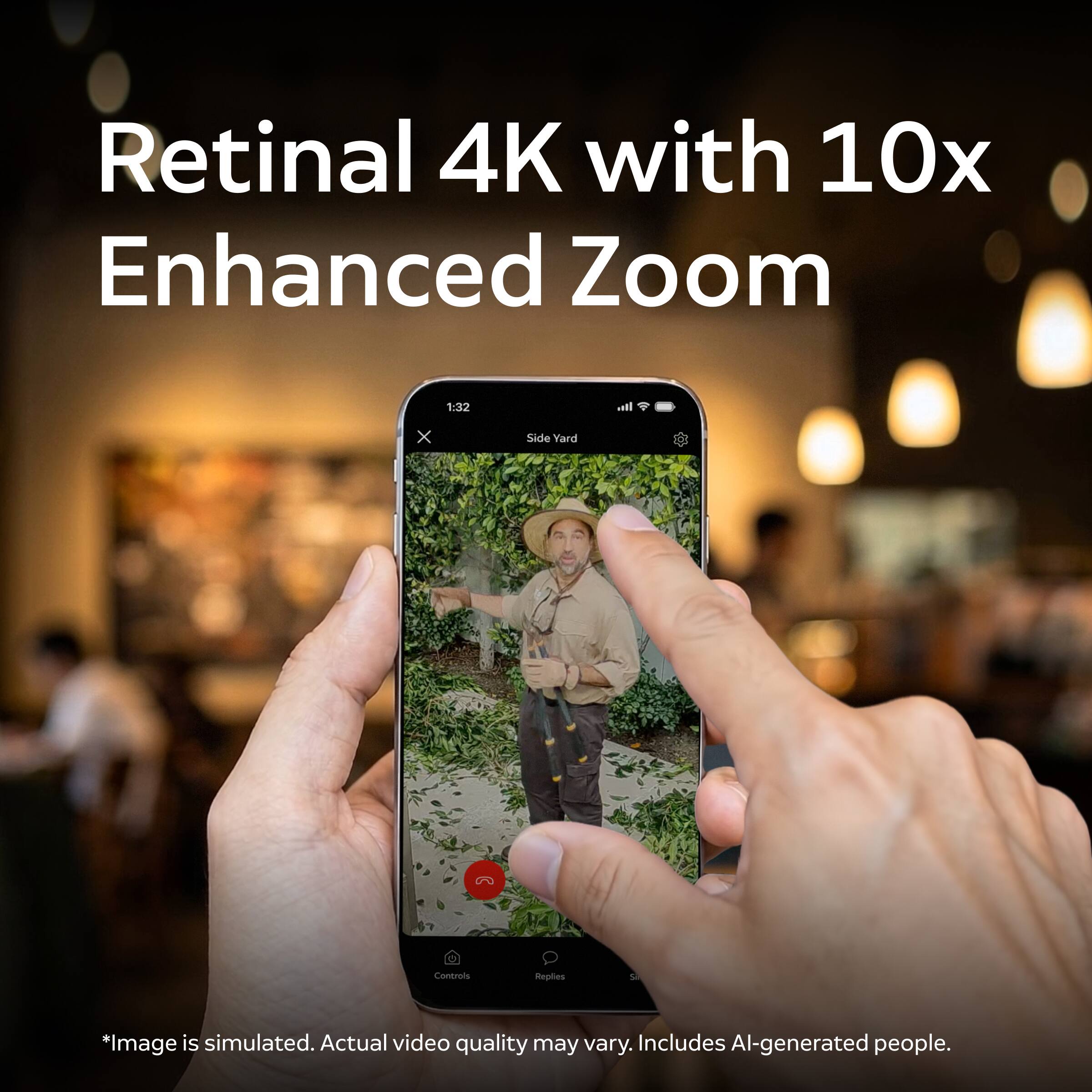 Retinal 4K with 10x Enhanced Zoom

1:32
X
Side Yard
Controls
Replies

*Image is simulated. Actual video quality may vary. Includes AI-generated people.
