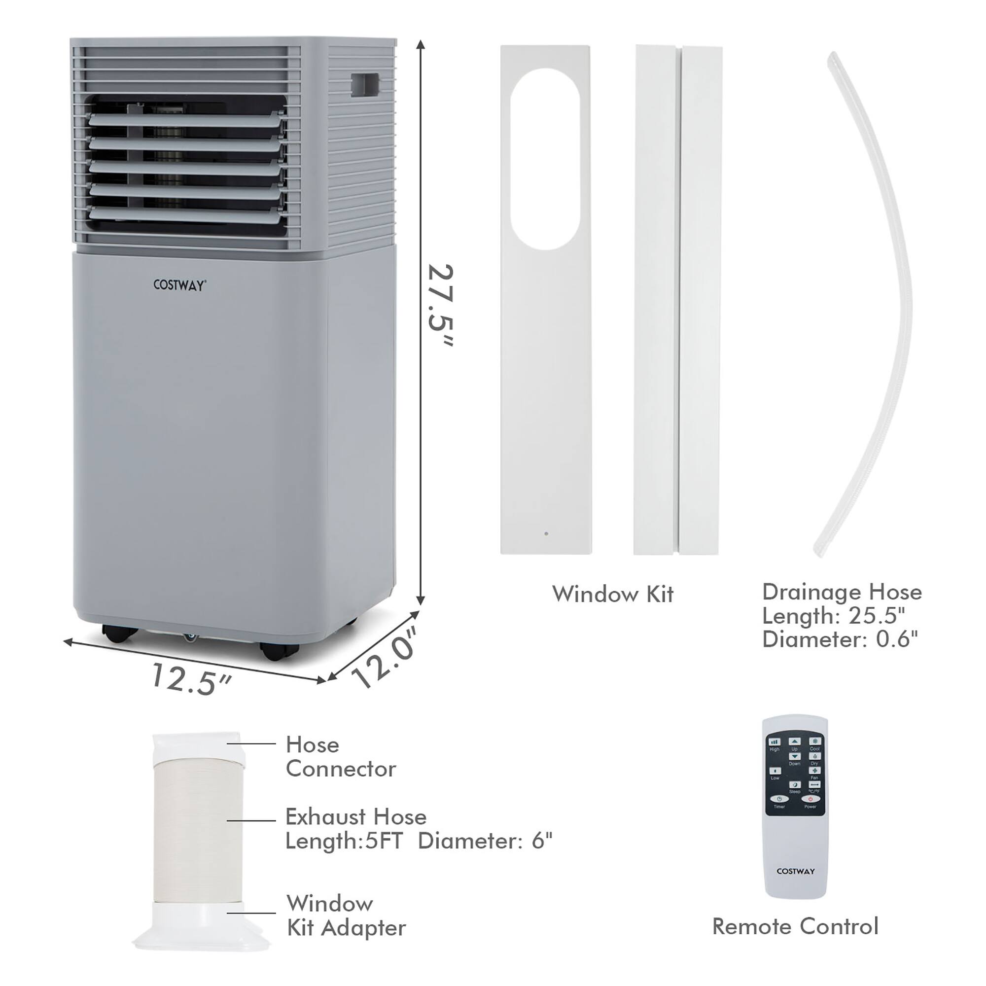 The image shows a Costway air conditioner with its parts and measurements. The air conditioner is 27.5 inches tall and 12.5 inches wide, with a hose connector that is 12.0 inches long. The window kit includes a drainage hose that measures 25.5 inches in length and 0.6 inches in diameter. The exhaust hose is 5 feet long and 5 feet wide, with a diameter of 6 inches. The window kit adapter is designed to fit the air conditioner, and the remote control is included for easy operation.
