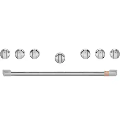 Front. Café - Handle and Knob Set for 36" Pro Range and Rangetop - Brushed Stainless Steel.