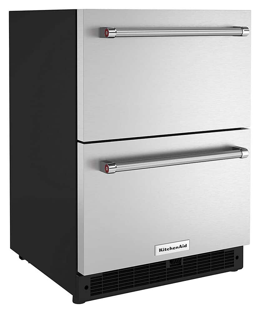 Angle. KitchenAid - 4.40 Cu. Ft. Built-In Mini Fridge with Double-Drawer Refrigerator - Stainless Steel.