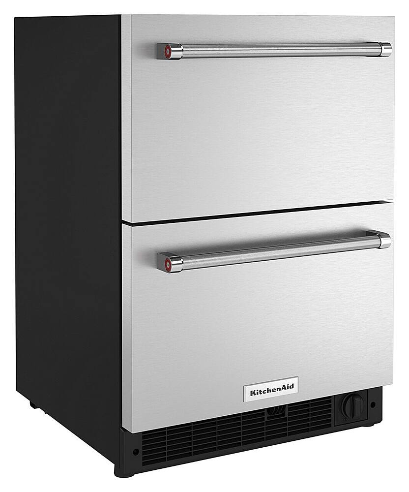 Angle. KitchenAid - 4.29 Cu. Ft. Built-In Mini Fridge with Double-Drawer Refrigerator/Freezer - Stainless Steel.
