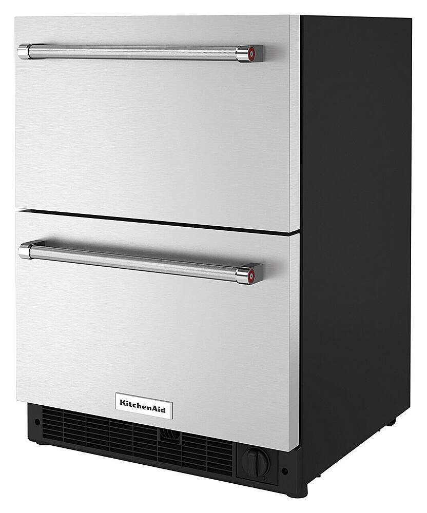 Left. KitchenAid - 4.29 Cu. Ft. Built-In Mini Fridge with Double-Drawer Refrigerator/Freezer - Stainless Steel.