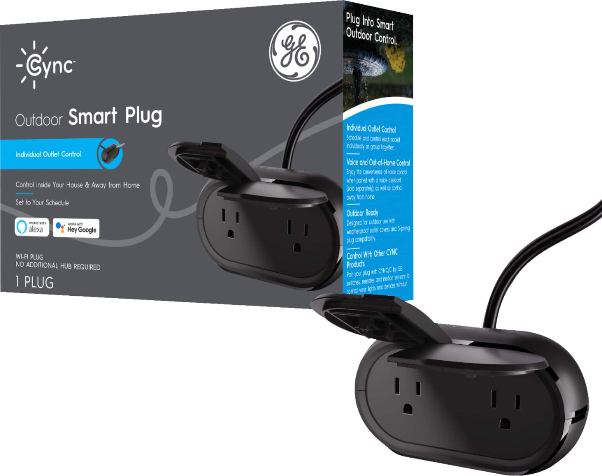 Zoom in on Front Zoom. GE - Cync Smart On/off Outdoor Plug, Works with Alexa and Google Assistant, WiFi Enabled, No Hub Required - Black.