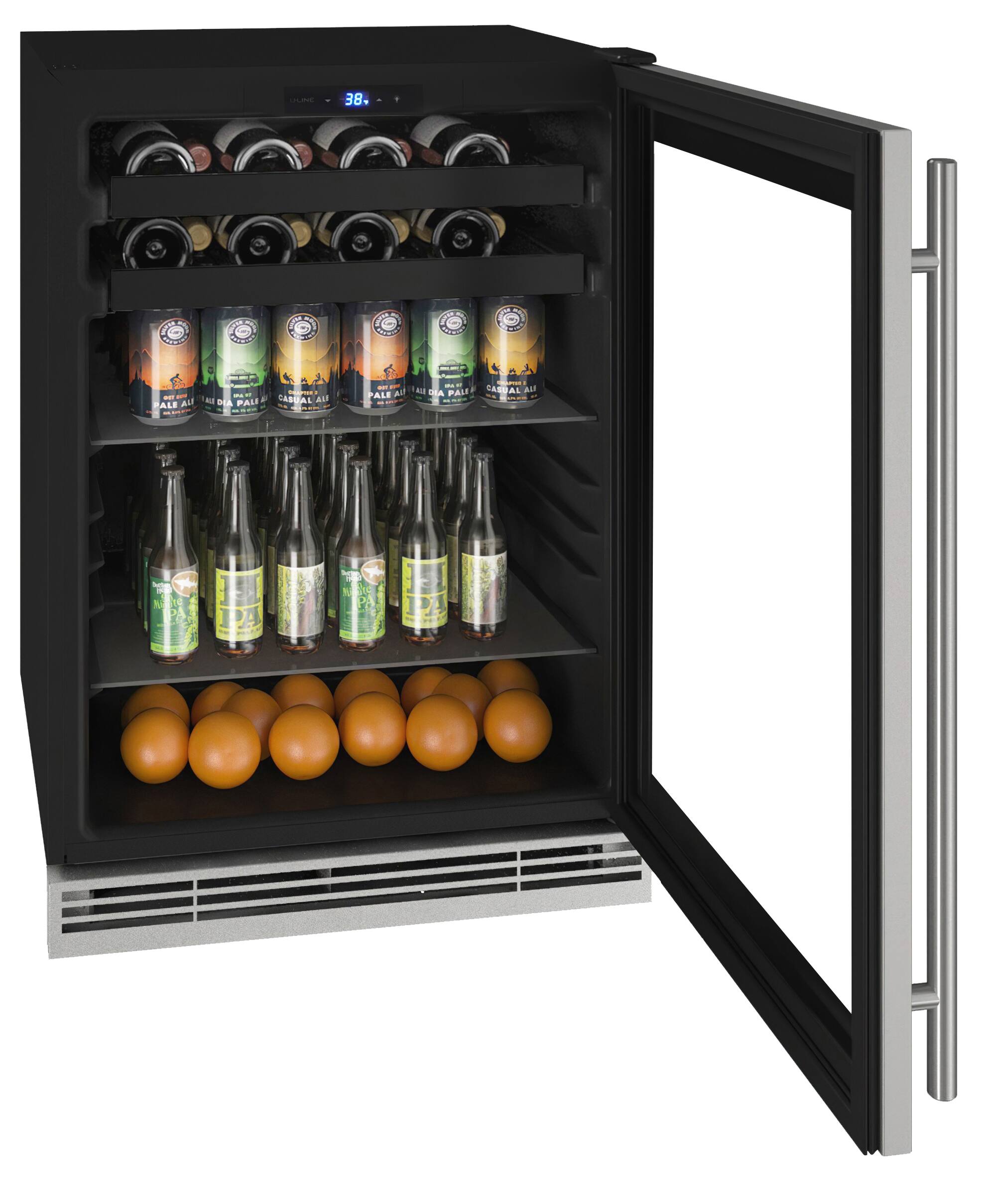 The image features a wine cooler with a variety of drinks inside. There are multiple bottles of beer and wine, as well as some oranges. The cooler is filled with a diverse assortment of beverages, making it an attractive option for those who enjoy a variety of drinks.
