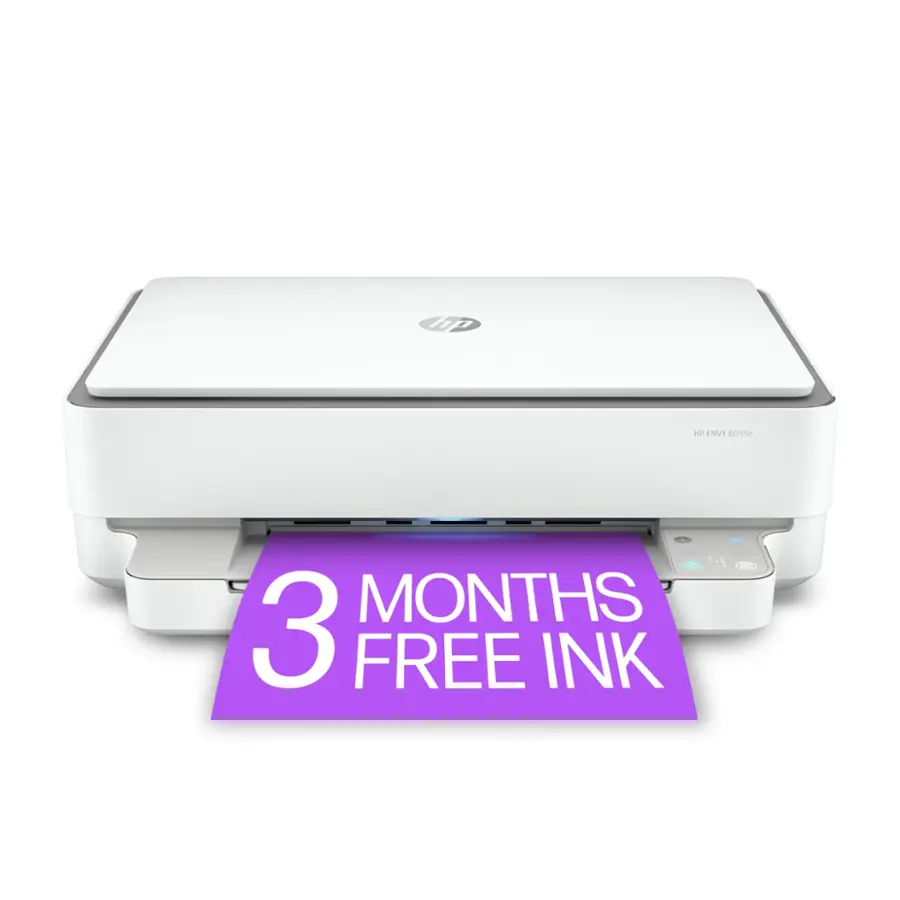 The image features a white HP printer with a purple sign on top of it. The sign reads "3 months 3 free ink." This indicates that the printer comes with a special offer of three months of free ink, which is a great deal for anyone who frequently prints documents or photos.