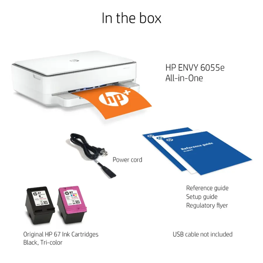 In the box, you'll find an HP ENVY 6055e All-in-One printer, which includes a power cord and original HP 67 ink cartridges in black, tri-color.