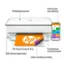 The image features a HP printer with a flatbed scanner and a 100-sheet input tray. The printer is capable of printing from any device, and it has a contextual control panel for added convenience. The printer also has an auto 2-sided printing feature, which allows for more efficient use of paper. Additionally, the printer has a 25-sheet output tray, making it suitable for various printing needs.