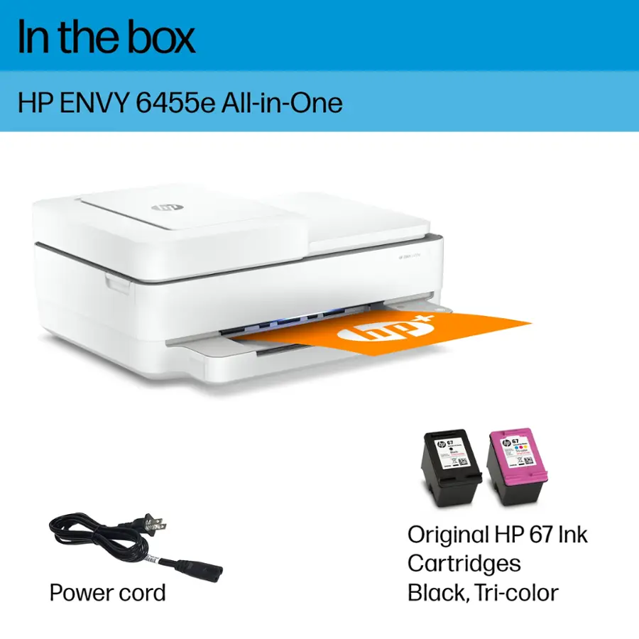 The image features a white HP Envy 6455e All-in-One printer, which is placed on a white surface. The printer is accompanied by a power cord and a set of Original HP 67 Ink Cartridges in black, tri-color, and color. The printer is designed to print, copy, and scan documents, making it a versatile and convenient addition to any home or office.