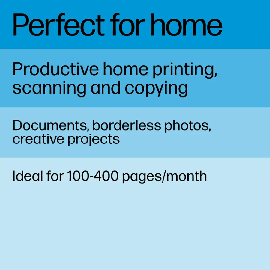 Perfect for home: Productive home printing, scanning, and copying. Documents, borderless photos, creative projects. Ideal for 100-400 pages/month.