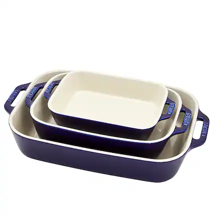 Angle. Staub - Ceramics 3-piece Rectangular Baking Dish Set - Dark Blue.