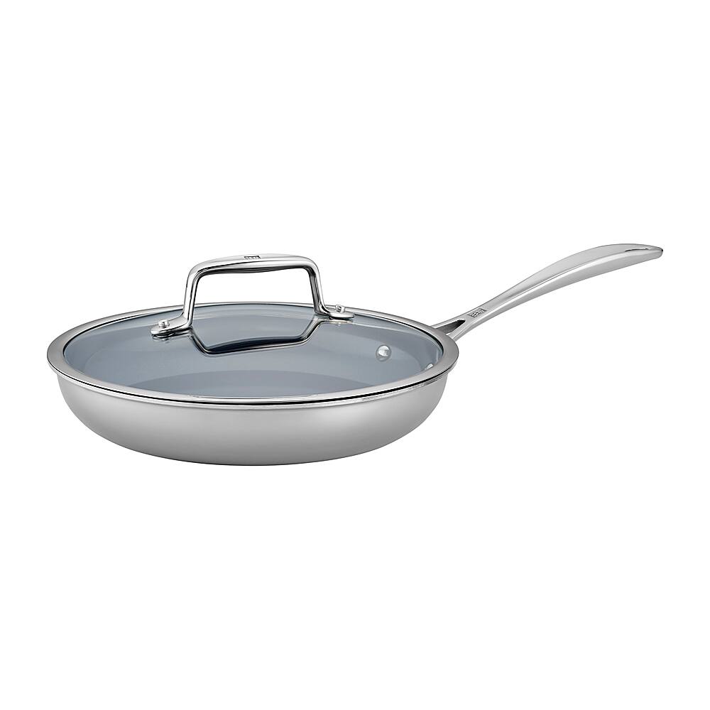 Angle View: ZWILLING Clad CFX 9.5-inch Stainless Steel Ceramic Nonstick Fry Pan with Lid - Silver