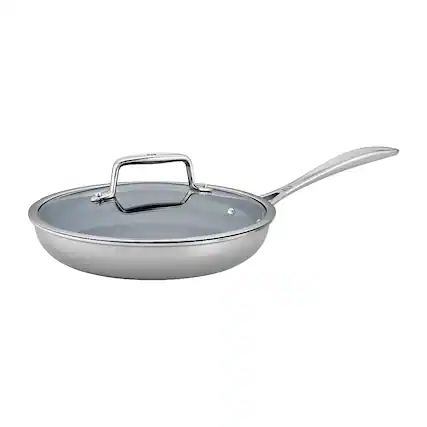Angle. ZWILLING - Clad CFX 9.5-inch Stainless Steel Ceramic Nonstick Fry Pan with Lid - Silver.
