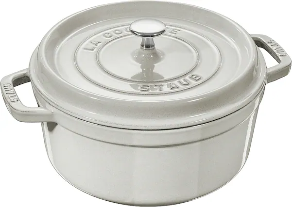 Angle. Staub - Cast Iron 4-qt Round Cocotte - White Truffle.