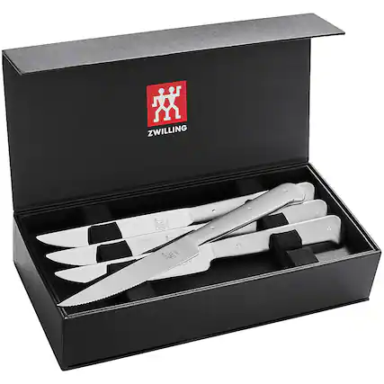Angle. ZWILLING - Porterhouse Stainless Steel 8-pc Steak Knife Set with Black Presentation Case - Black.