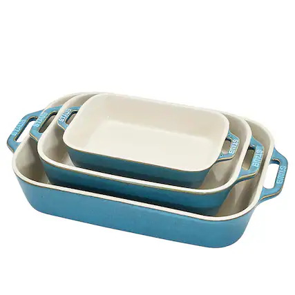 Angle. Staub - Ceramics 3-piece Rectangular Baking Dish Set - Rustic Turquoise.
