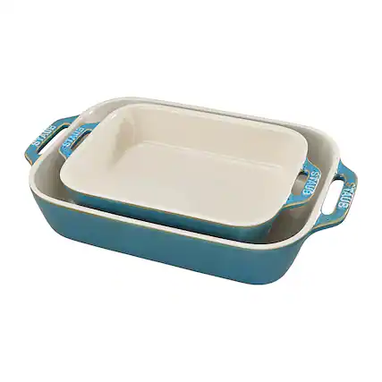 Angle. Staub - Ceramics 2-piece Rectangular Baking Dish Set - Rustic Turquoise.