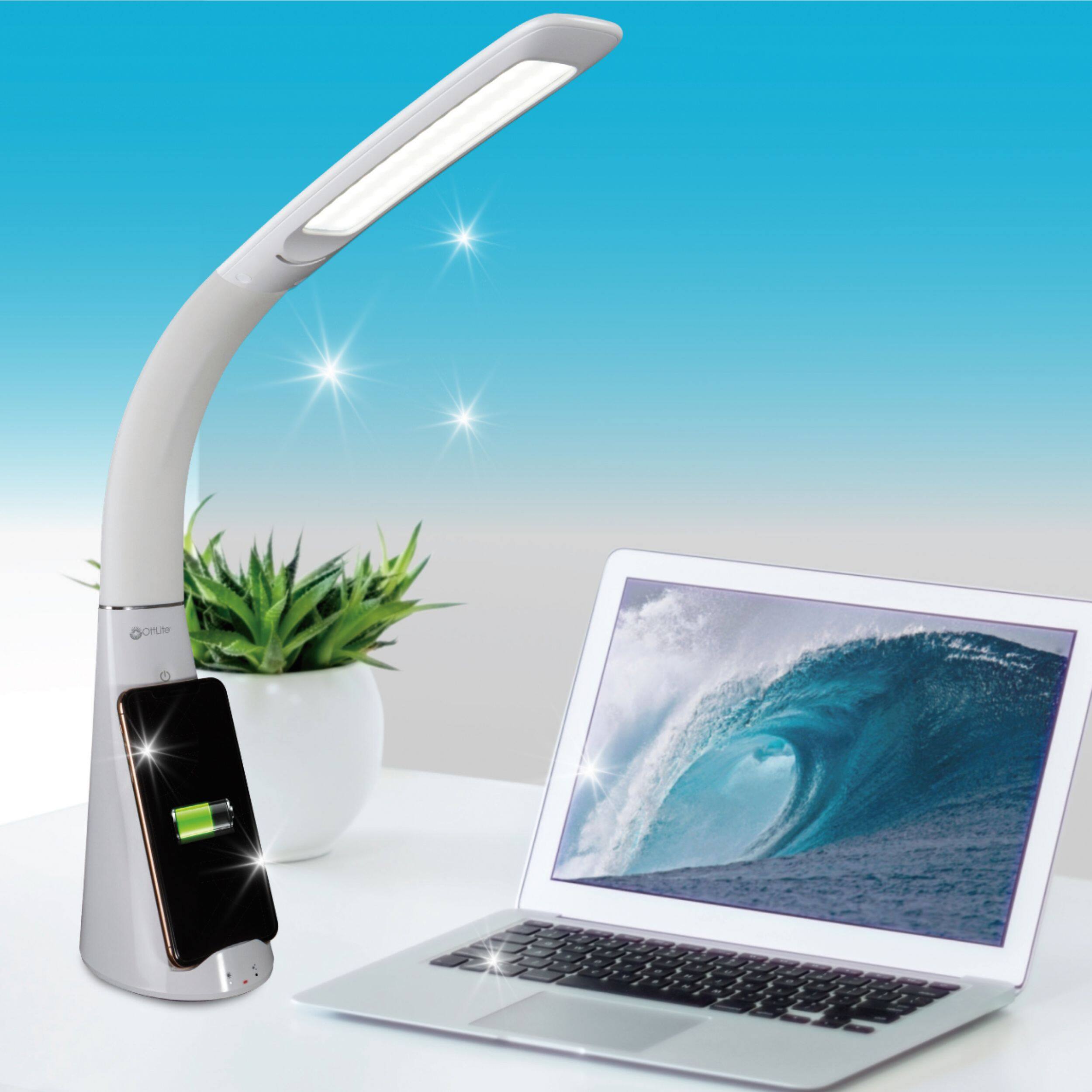 Angle. OttLite - Purify LED Sanitizing Desk Lamp with SpectraClean Disinfection, 3 Brightness Settings, Wireless Qi Charging, & USB Port - White.