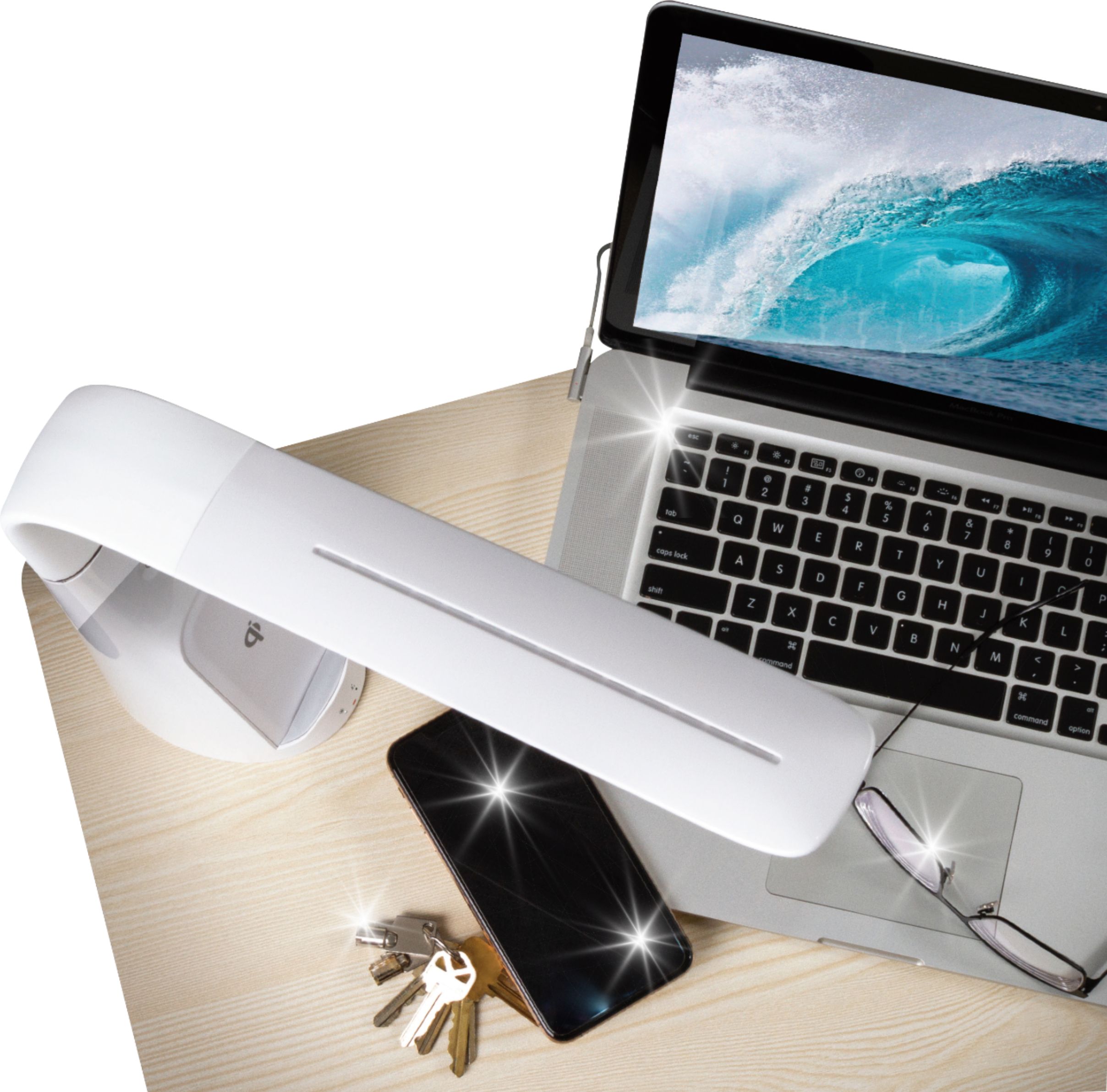 Left View: OttLite - Purify LED Sanitizing Desk Lamp with SpectraClean Disinfection, 3 Brightness Settings, Wireless Qi Charging, & USB Port - White