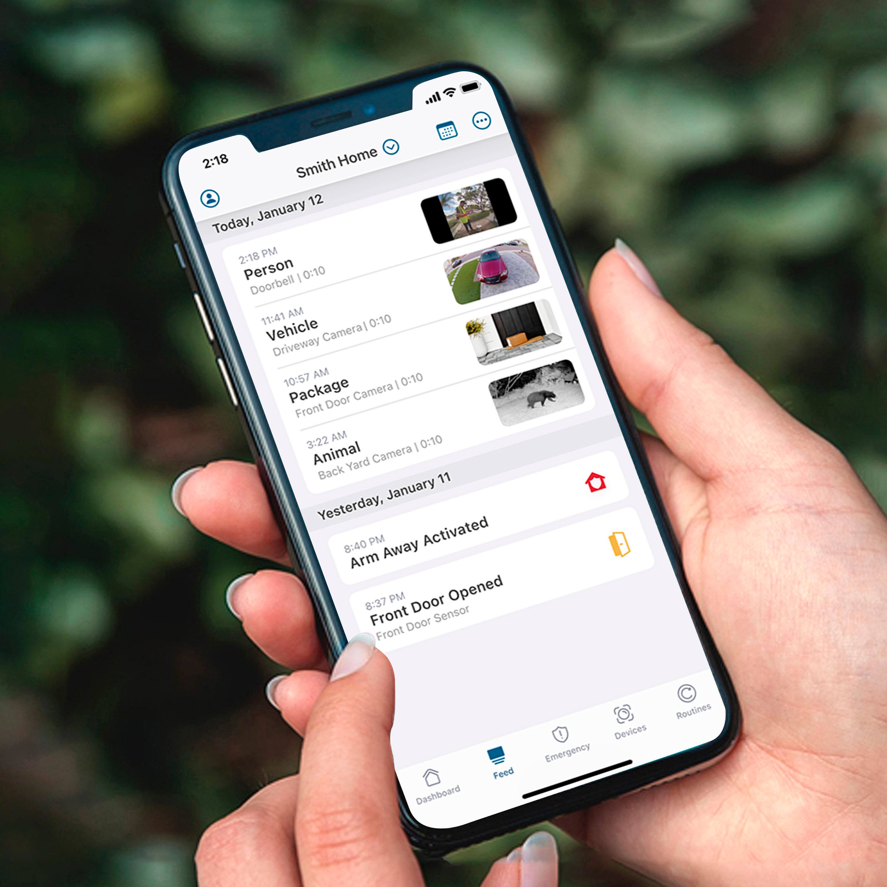 The text on the image can be grouped and corrected as follows:
1. Today, January 12:
2. Person:
3. Vehicle:
4. Package:
5. Animal:
6. Arm Away:
7. Door Opened:
8. Front Door Sensor:
9. Front Dashboard Feed:
10. Devices:
11. Emergency Routines:
The corrected text is:
1. Today, January 12:
2. Person:
3. Vehicle:
4. Package:
5. Animal:
6. Arm Away:
7. Door Opened:
8. Front Door Sensor:
9. Front Dashboard Feed:
10. Devices:
11. Emergency Routines: