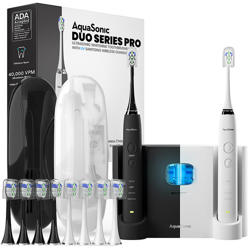 AquaSonic - Duo Series Pro Rechargeable Electric Toothbrush Set - Midnight Black/Optic White