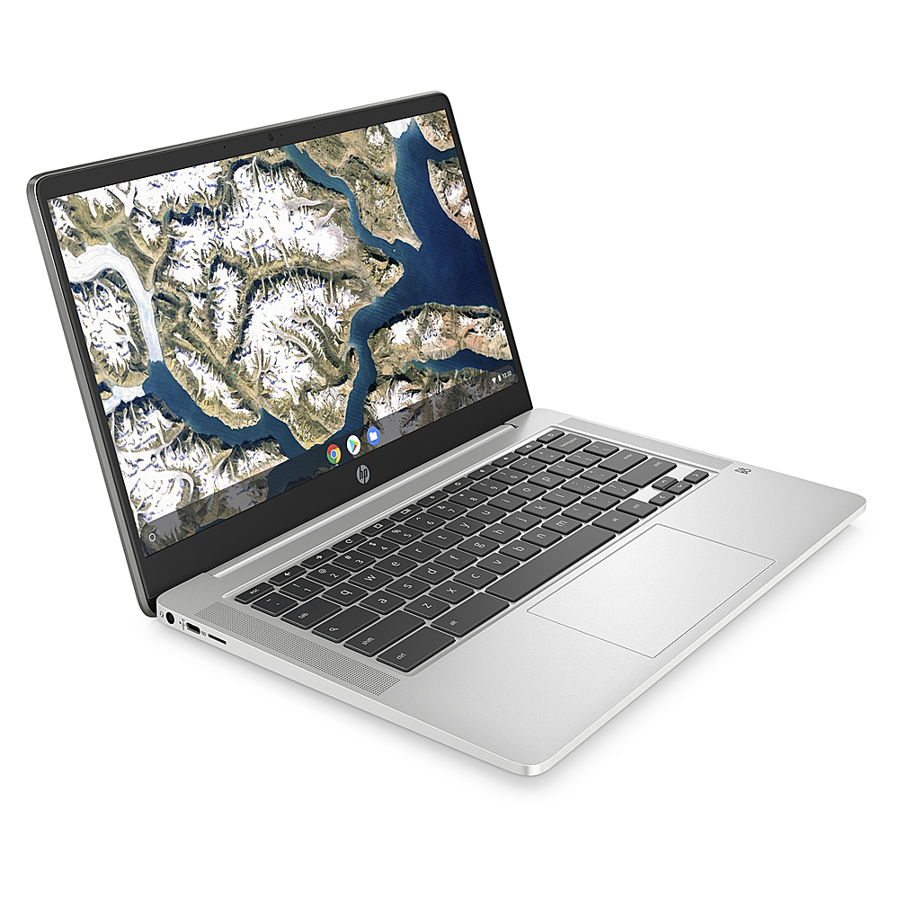 Angle View: HP - 14" HD Touch Screen Laptop - Intel Celetron N4000 - 4GB - 32GB eMMC - Mineral silver