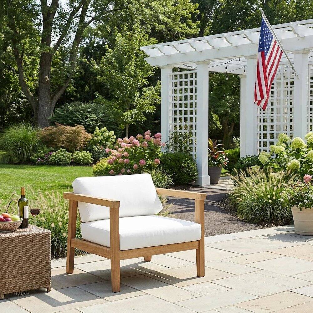 Left. Outdoor Escape - Outdoor Patio Teak Armchair With Cushioned Seating And Comfortable Back Support - White.