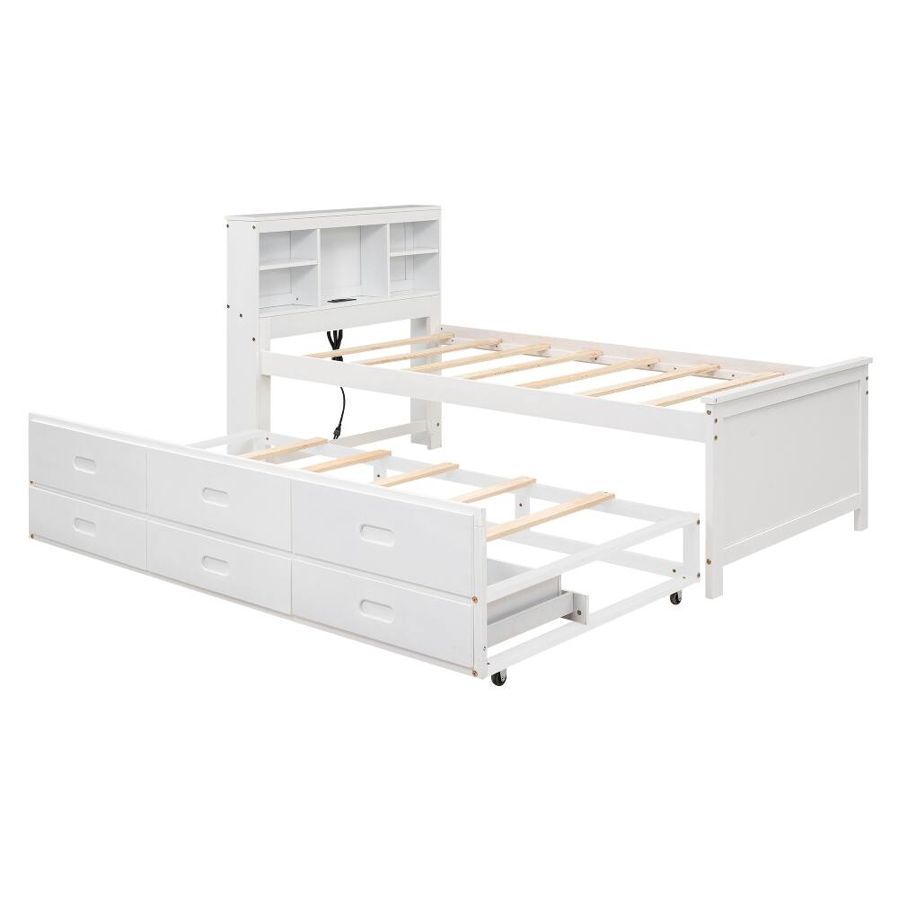 Alt View 7. Loheer - Loheer Twin Platform Bed with Storage Headboard Trundle White - White.